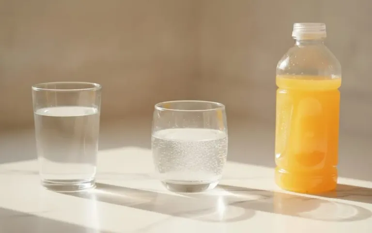 Three glasses showing water, fizzing electrolyte water and an orange sports drink side by side