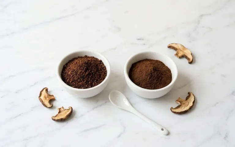 Dark roasted ground coffee and dark brown mushroom extract powder in two small white ceramic bowls on white marble - the two components of mushroom coffee