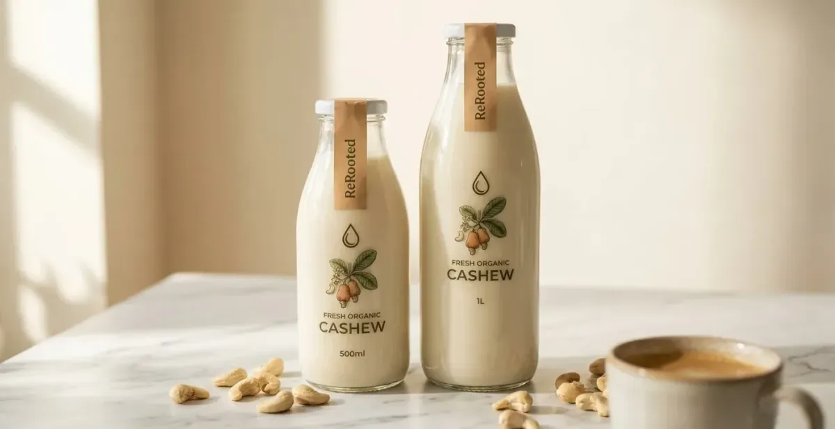 ReRooted cashew milk in a returnable glass bottle
