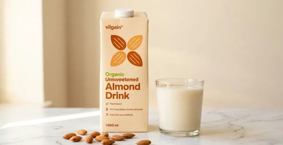 Vilgain Organic Almond Drink carton on a white surface